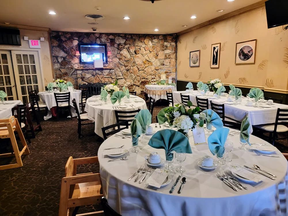 The Twin Door Tavern banquet room set for a party