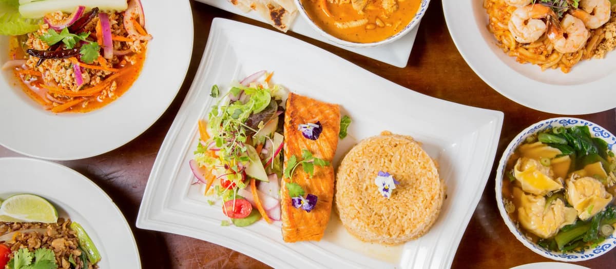 Thai food at Thaism, 278 Smith St, Brooklyn: salmon with rice, larb, curry with roti, shrimp noodles and wonton soup
