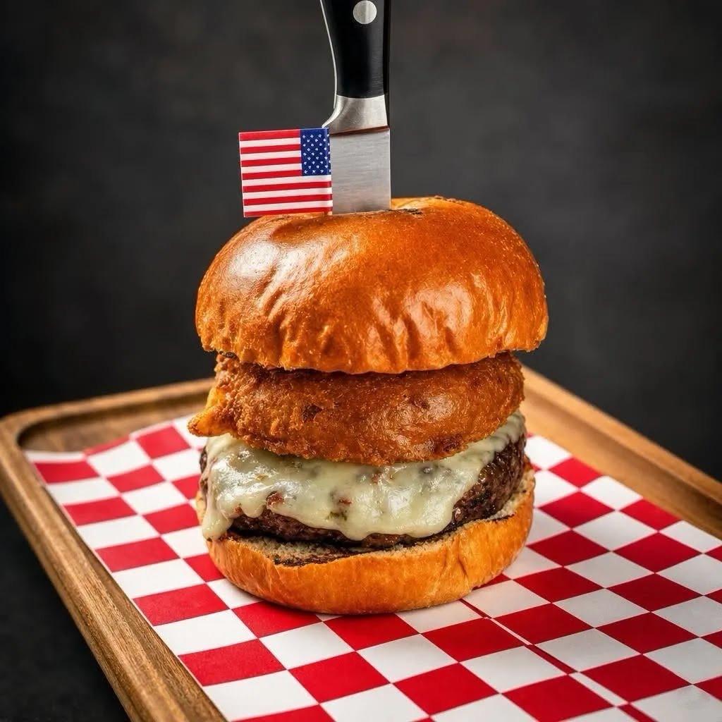 A smashburger with an American flag pick on a red and white checkered tray