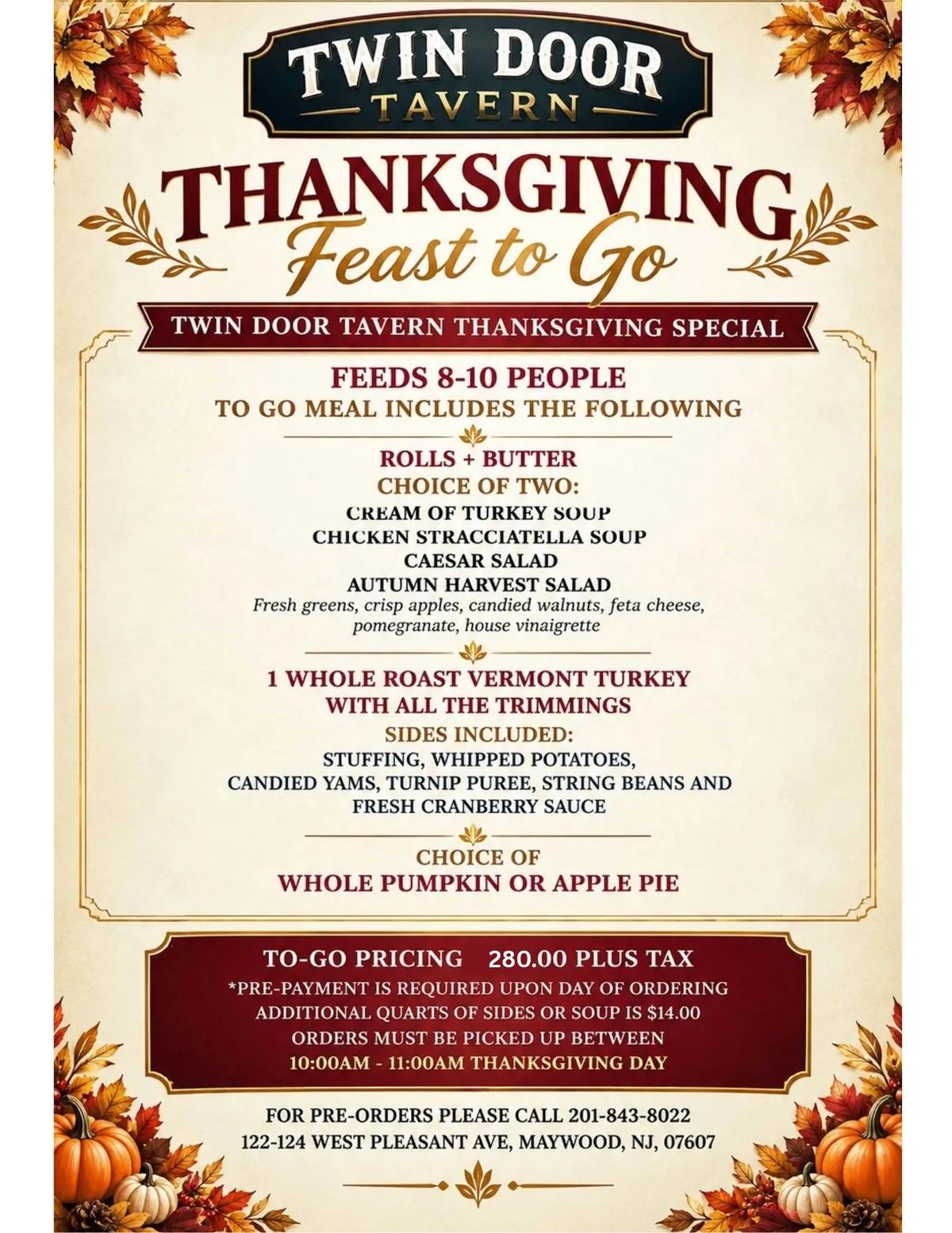 Twin Door Tavern Thanksgiving Feast to Go, feeds 8 to 10 people