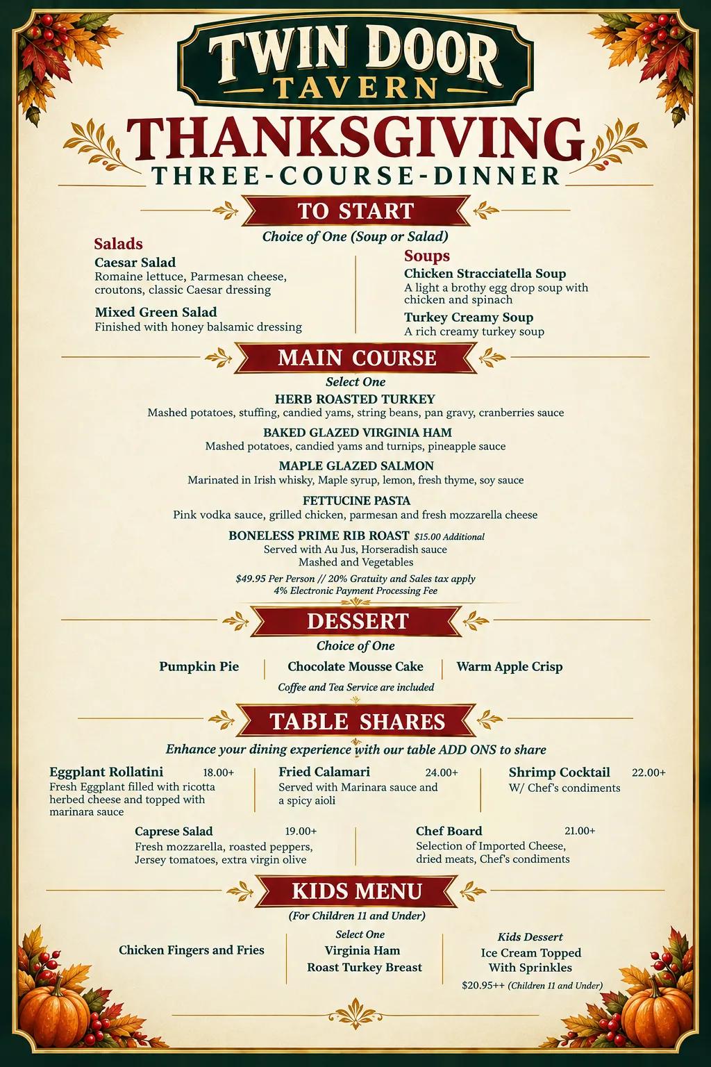 Twin Door Tavern Thanksgiving three-course dinner menu