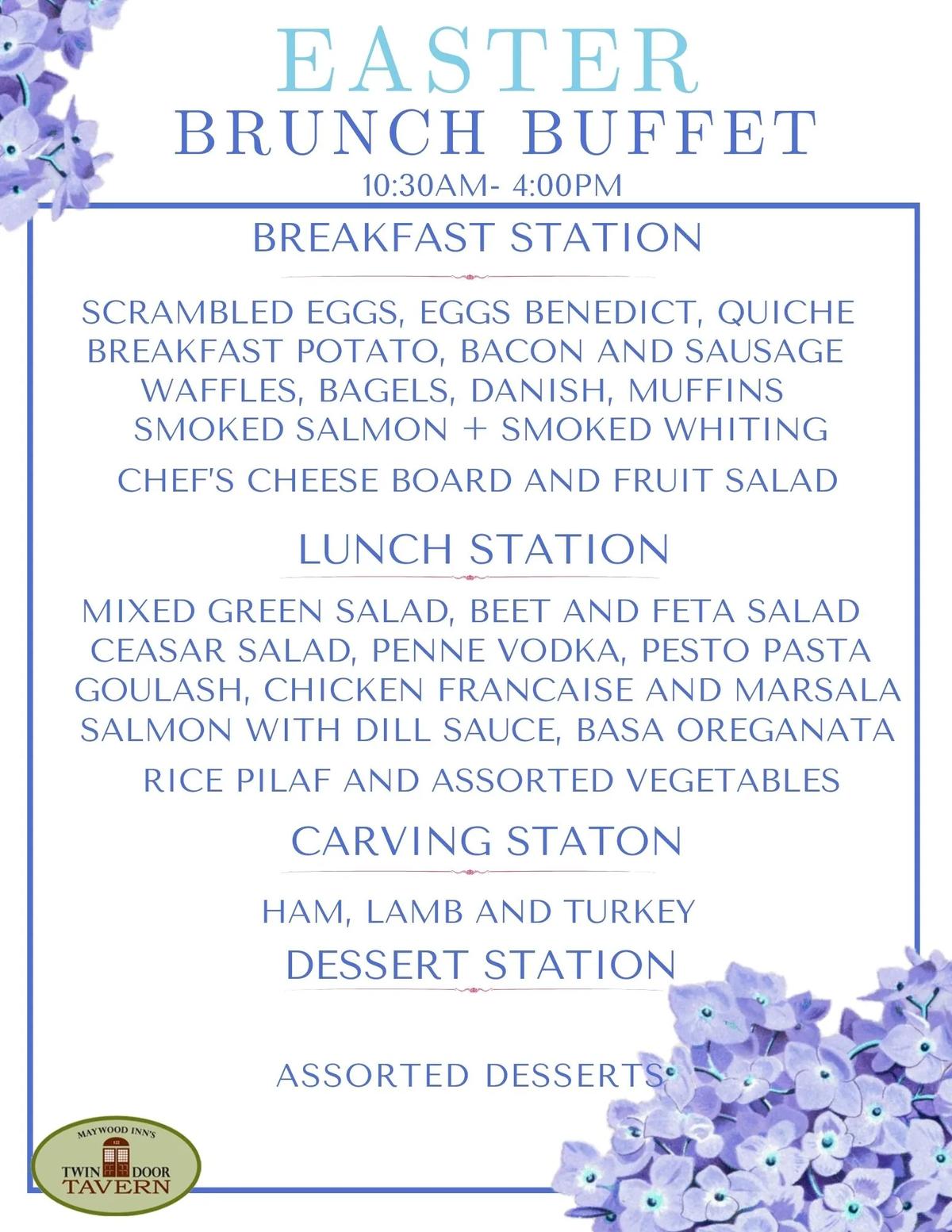 Easter brunch buffet menu: breakfast, lunch, carving and dessert stations