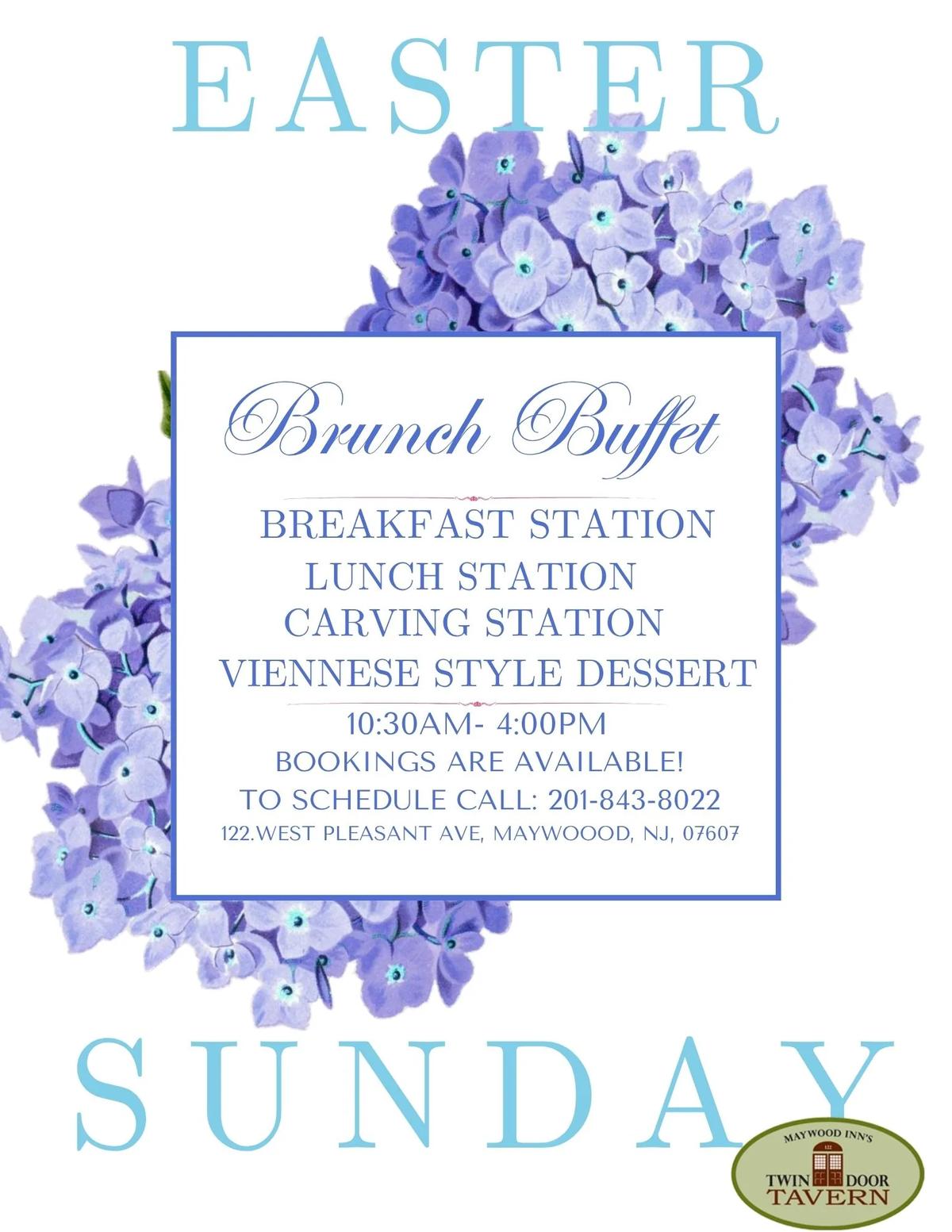 Easter Sunday brunch buffet at Twin Door Tavern, 10:30AM to 4:00PM. Bookings are available