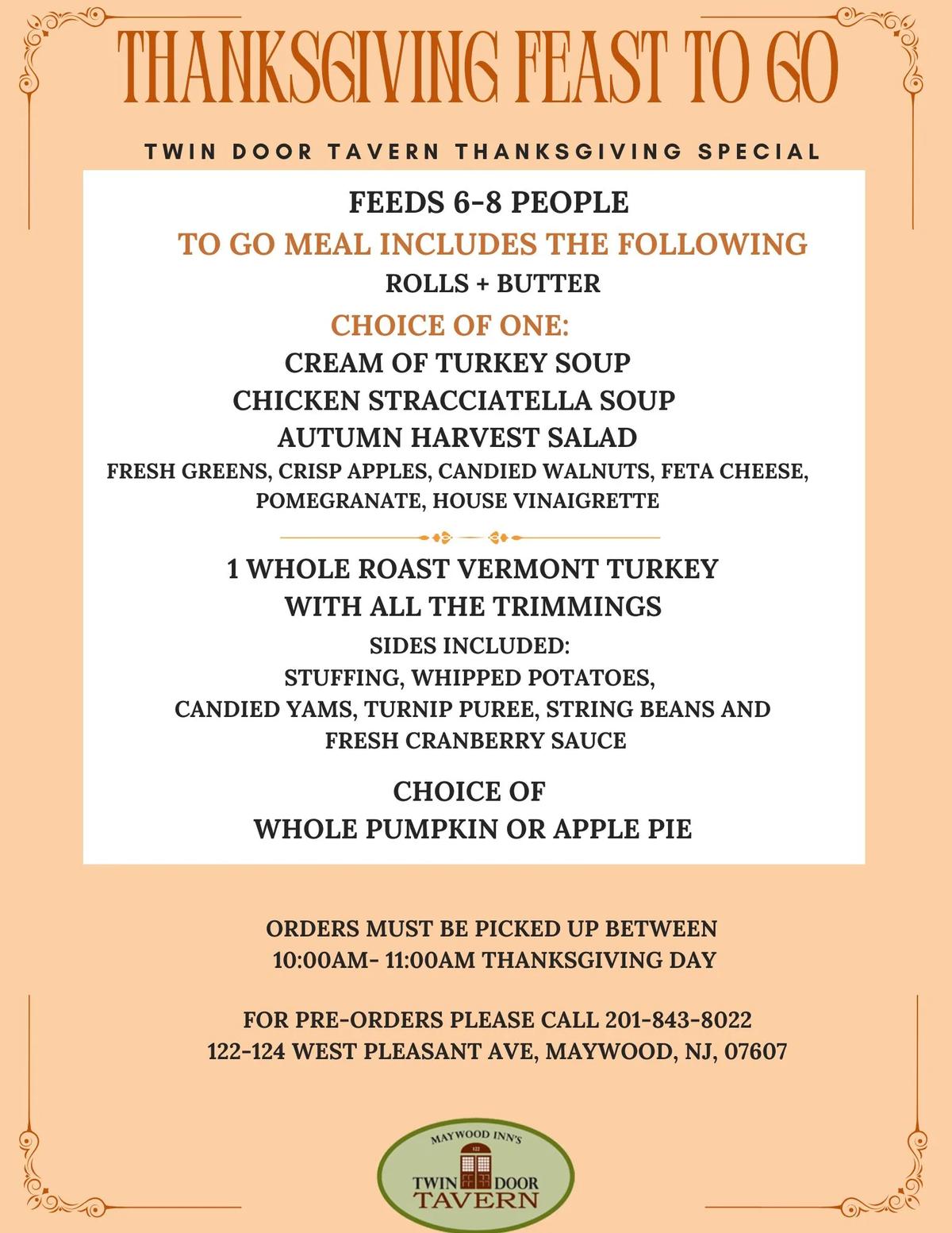 Thanksgiving Feast to Go flyer with the to-go meal and pickup times