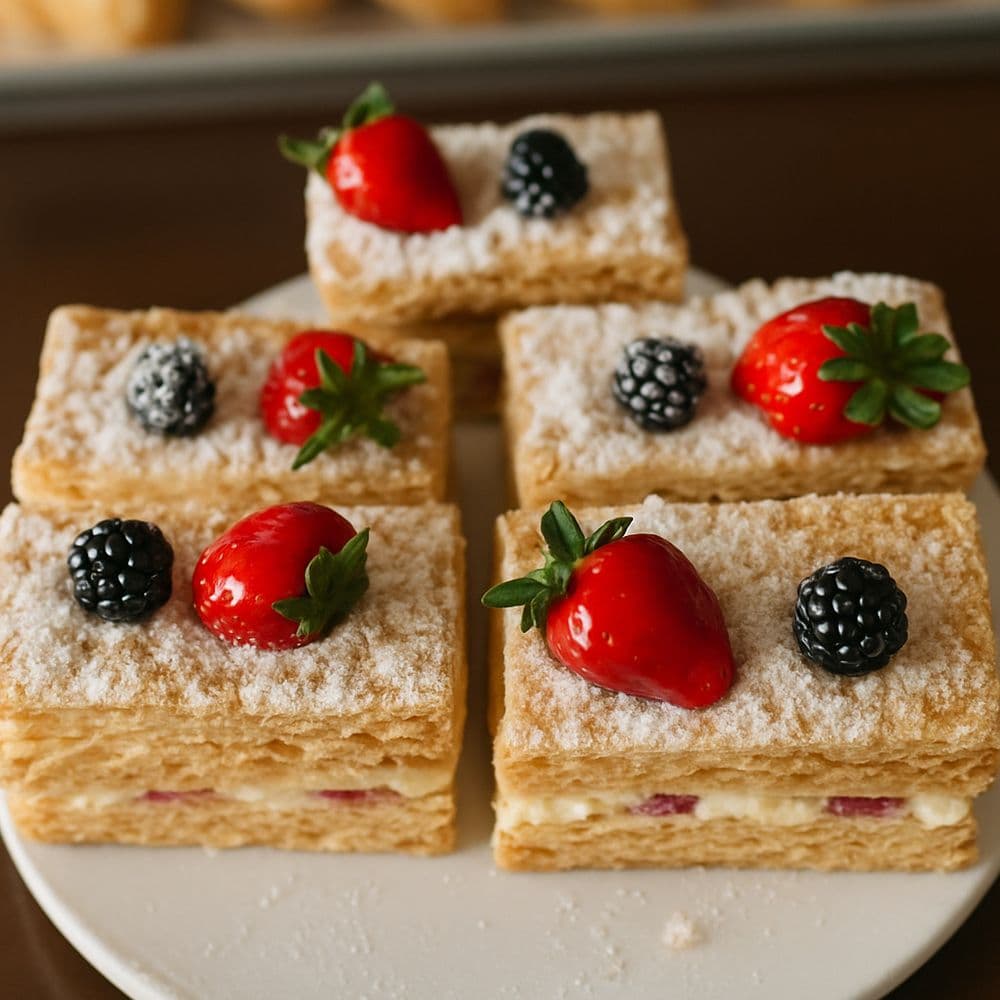 Napoleon pastries topped with strawberries and blackberries
