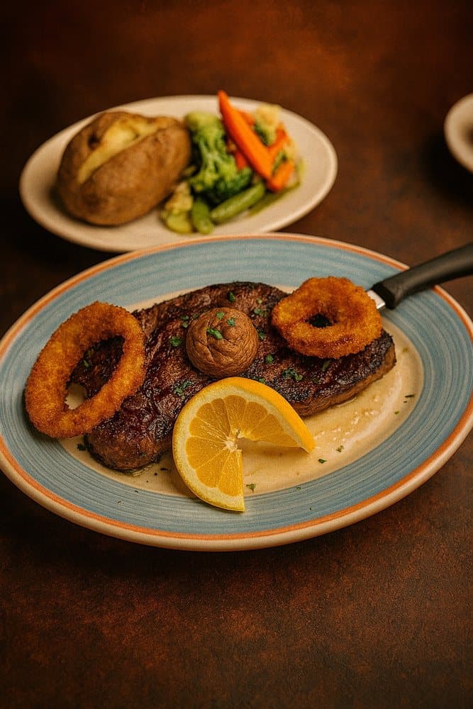 Steak with onion rings, a baked potato and vegetables