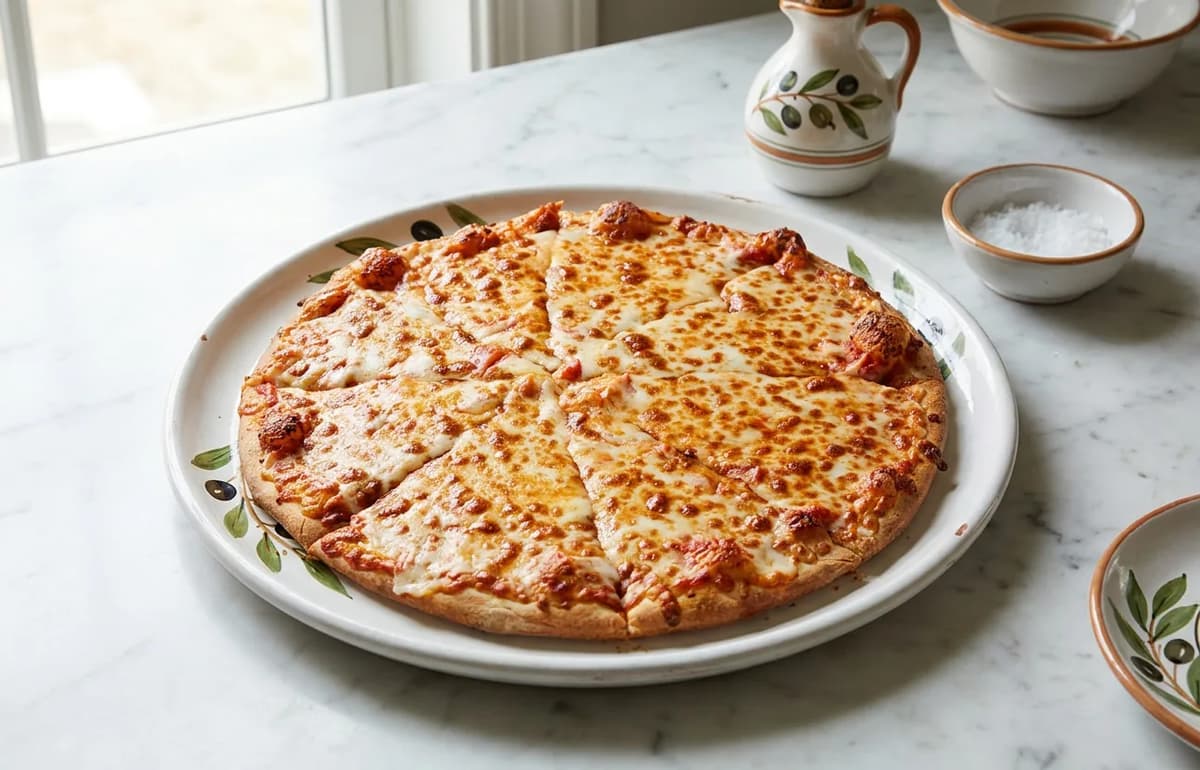 A fresh cheese pizza