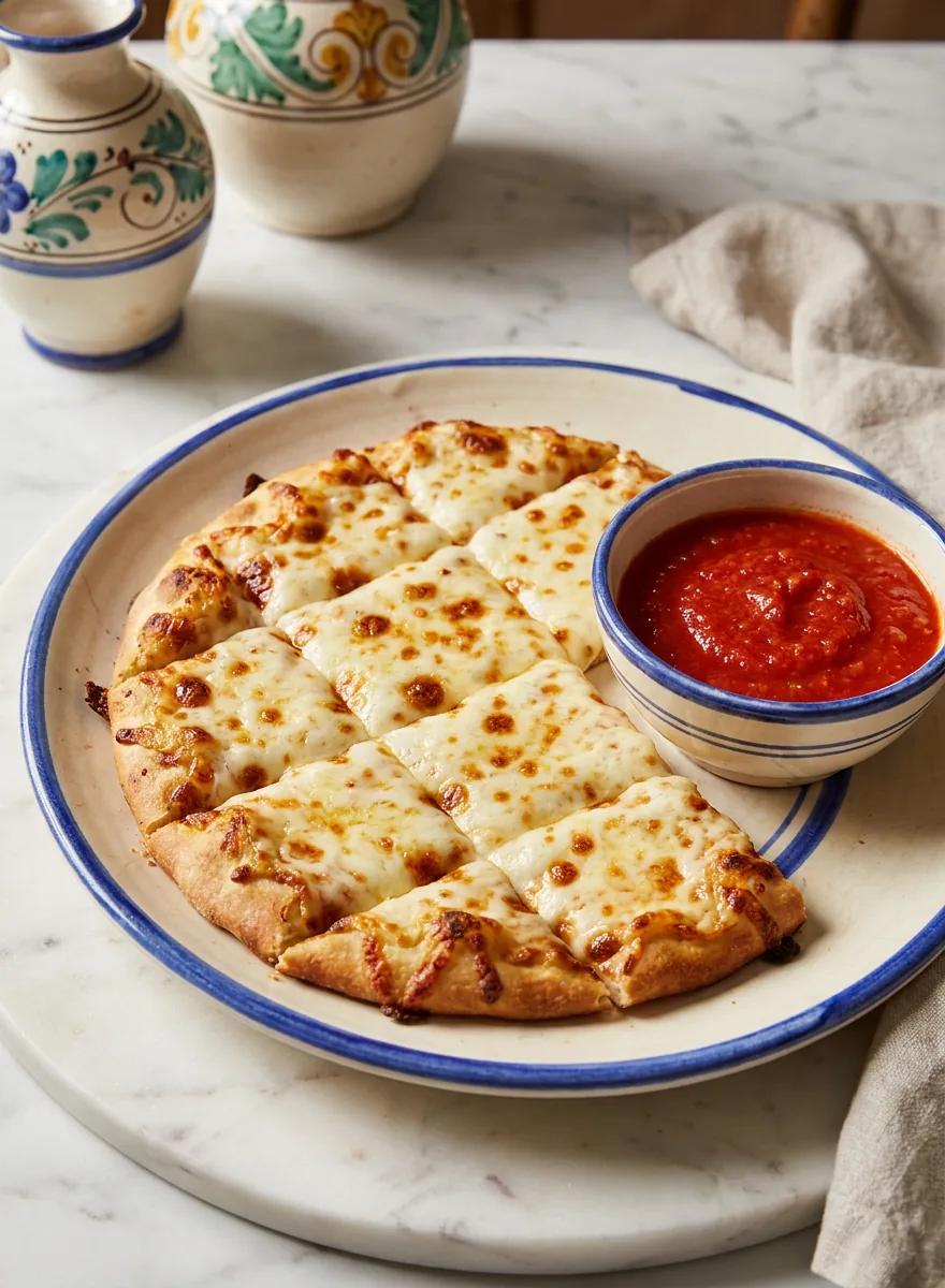 Cheesy breadsticks with a cup of marinara
