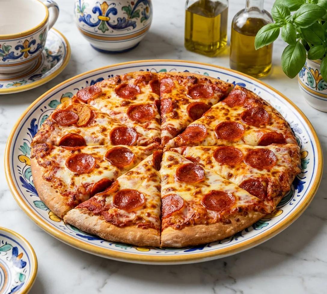 Pepperoni pizza on a painted platter