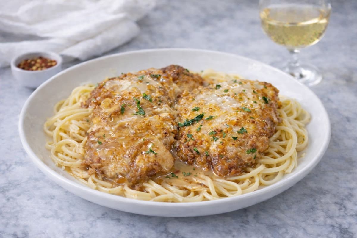 Chicken Francese (over Pasta)