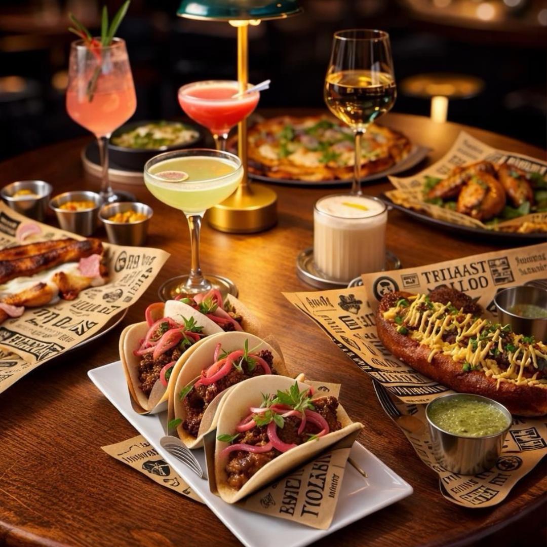 Cocktails, tacos and fries shared across a table