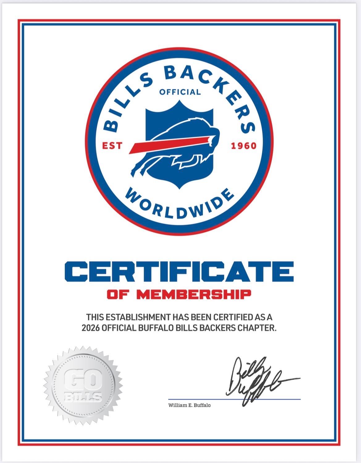 Bills Backers official certificate of membership