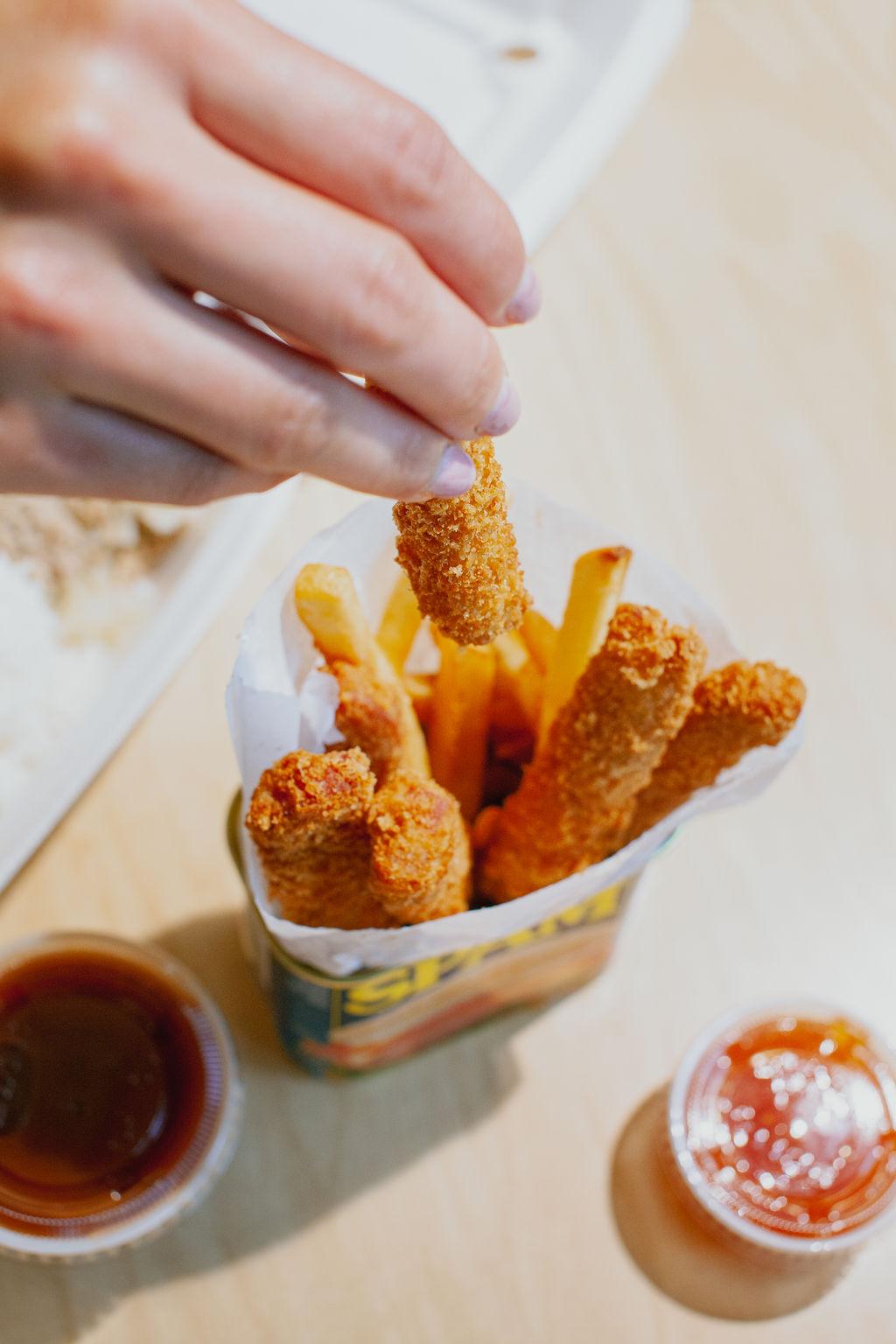 Crispy Spam fries with french fries and dipping sauces