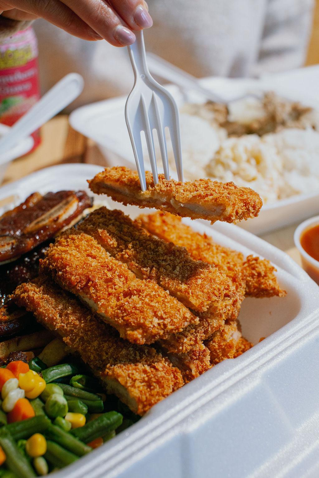 Crispy katsu plate with rice and vegetables