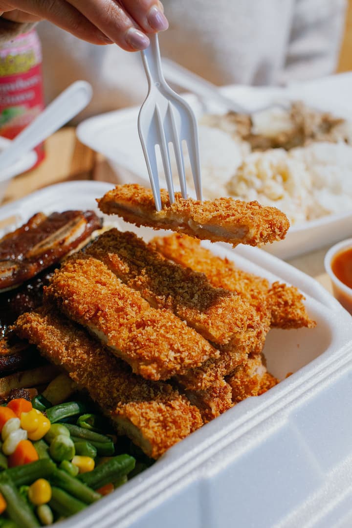 Crispy katsu plate with rice and vegetables