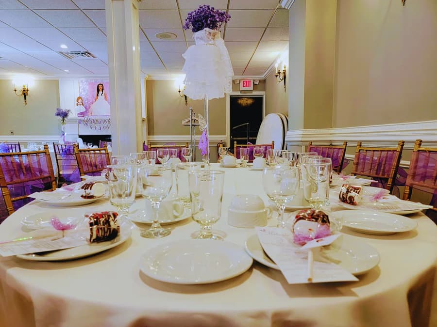 A communion table with lilac decorations