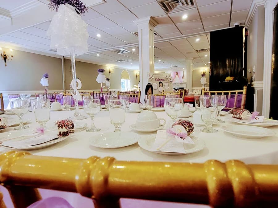 The banquet room set for an event