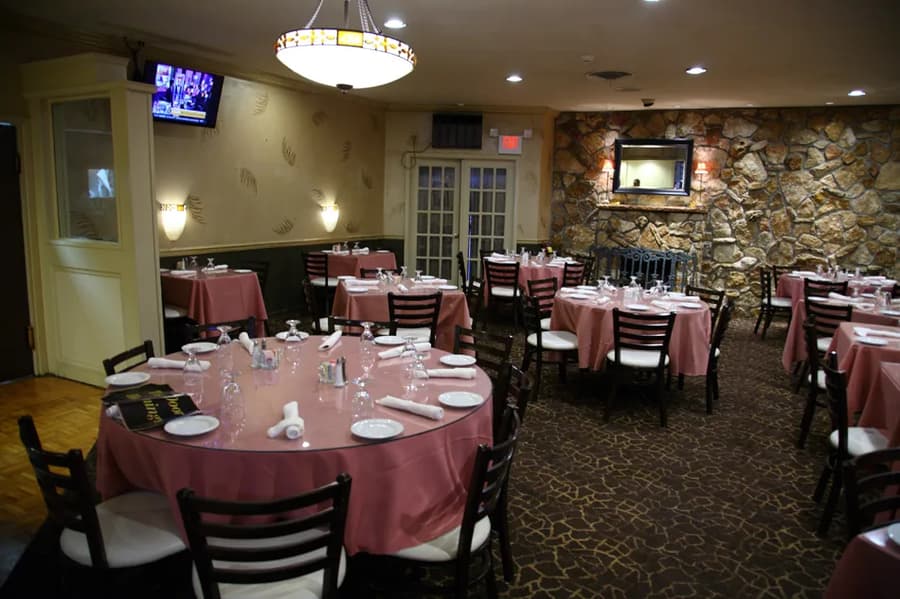 The private dining room with pink tablecloths